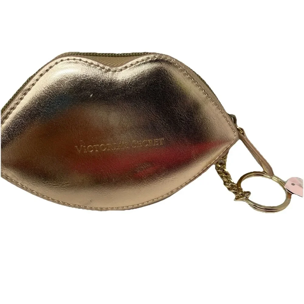 Victoria’s Secret Pucker Lip Shaped Coin Purse Keychain Gold Metallic Zip Pouch - Picture 6 of 7